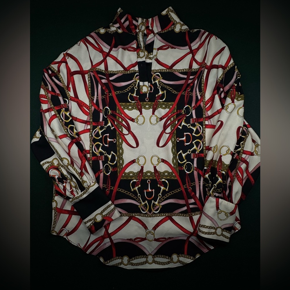 Zara Woman Chain Print Blouse Red Gold Equestrian Size Small